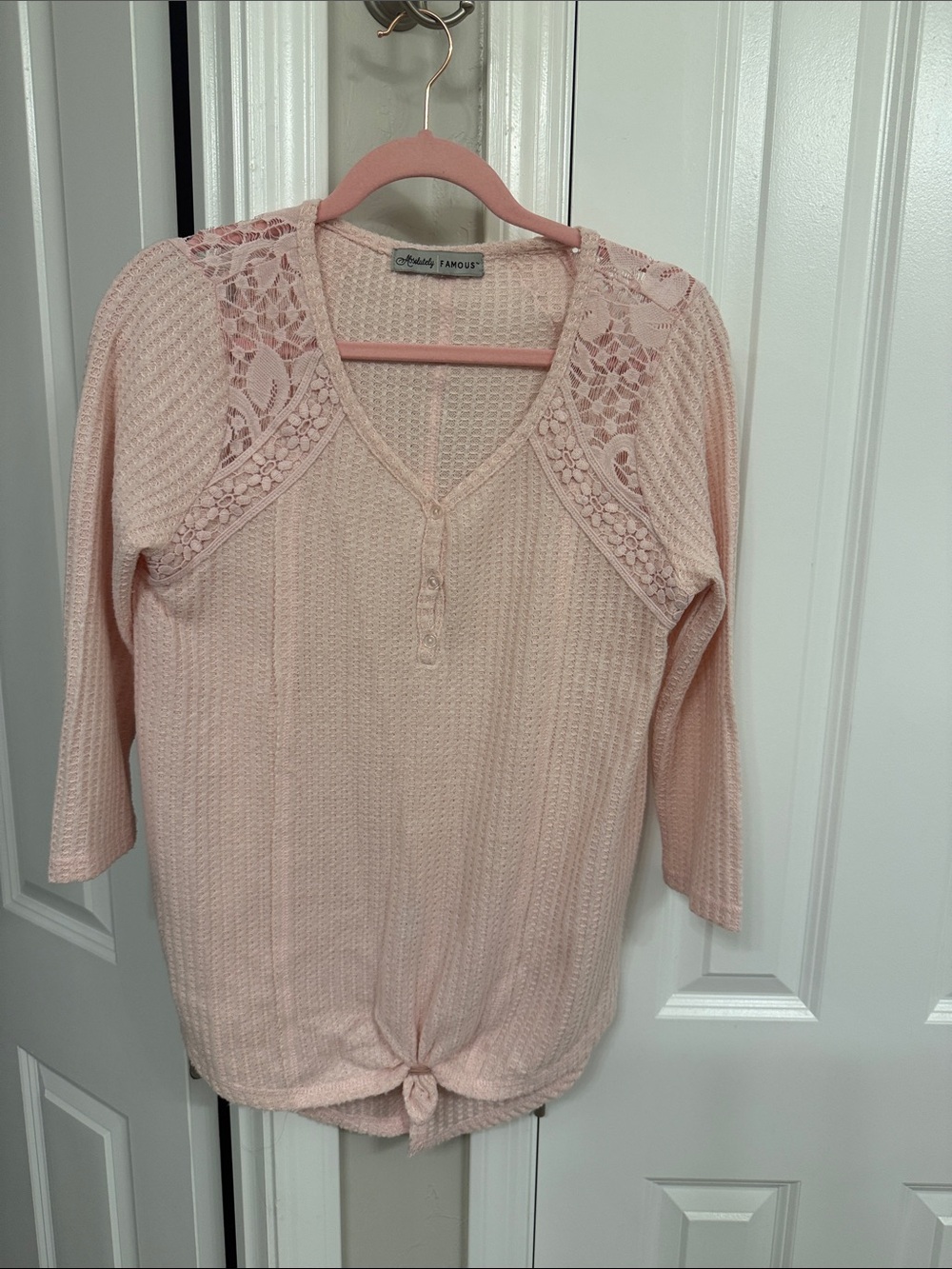 Absolutely Famous Blush Pink Lace-Shoulder Henley Tie-Front Top